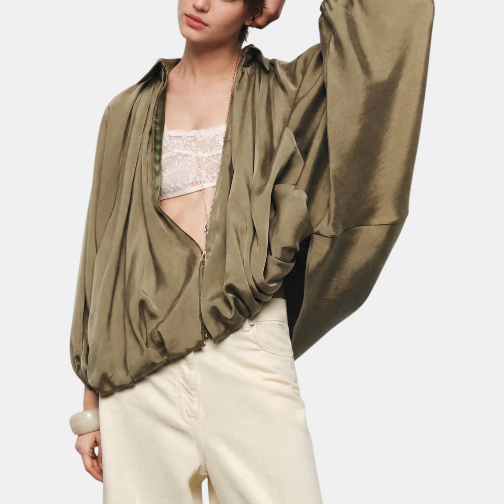 Women's Balloon Sleeve Zip Up Oversized Bomber Jacket - 10