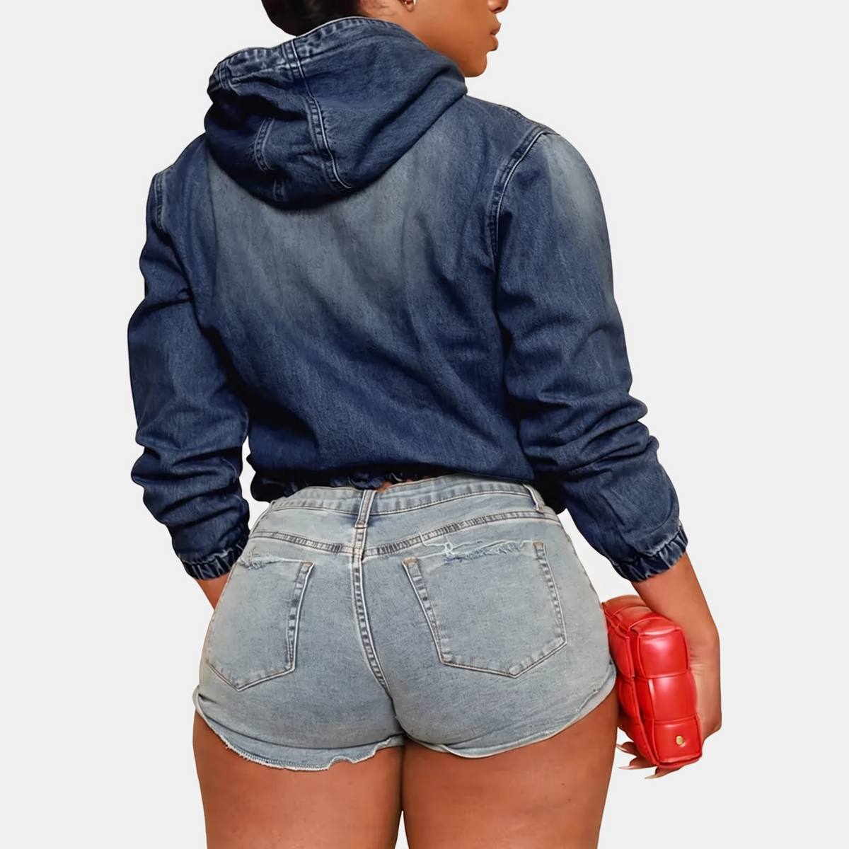 Women's Cropped Zip Up Hoodie Denim Sweatshirt - 8