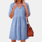 Women's Puff Sleeve Empire Waist V-Neck Mini Dress - 10
