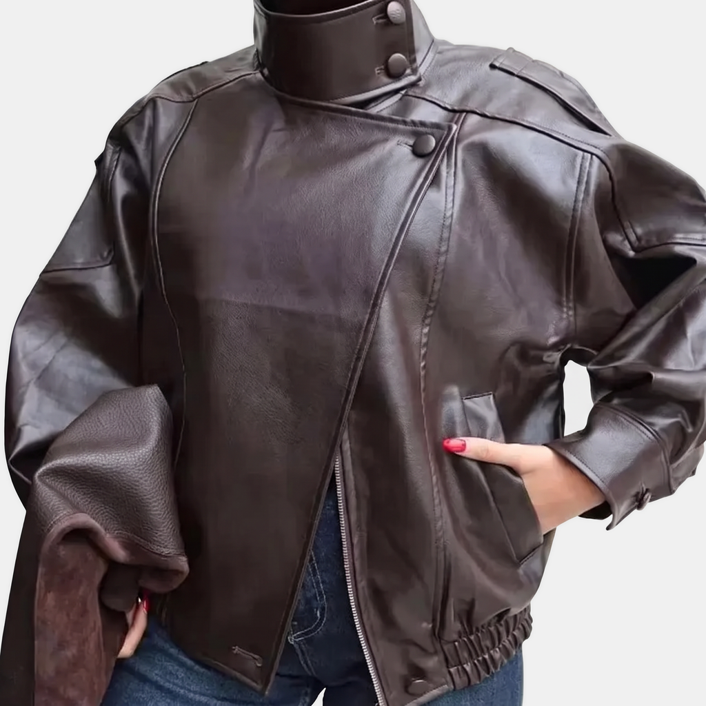 Women's Pebbled Faux Leather Bomber Jacket Oversized Stand Collar - 8