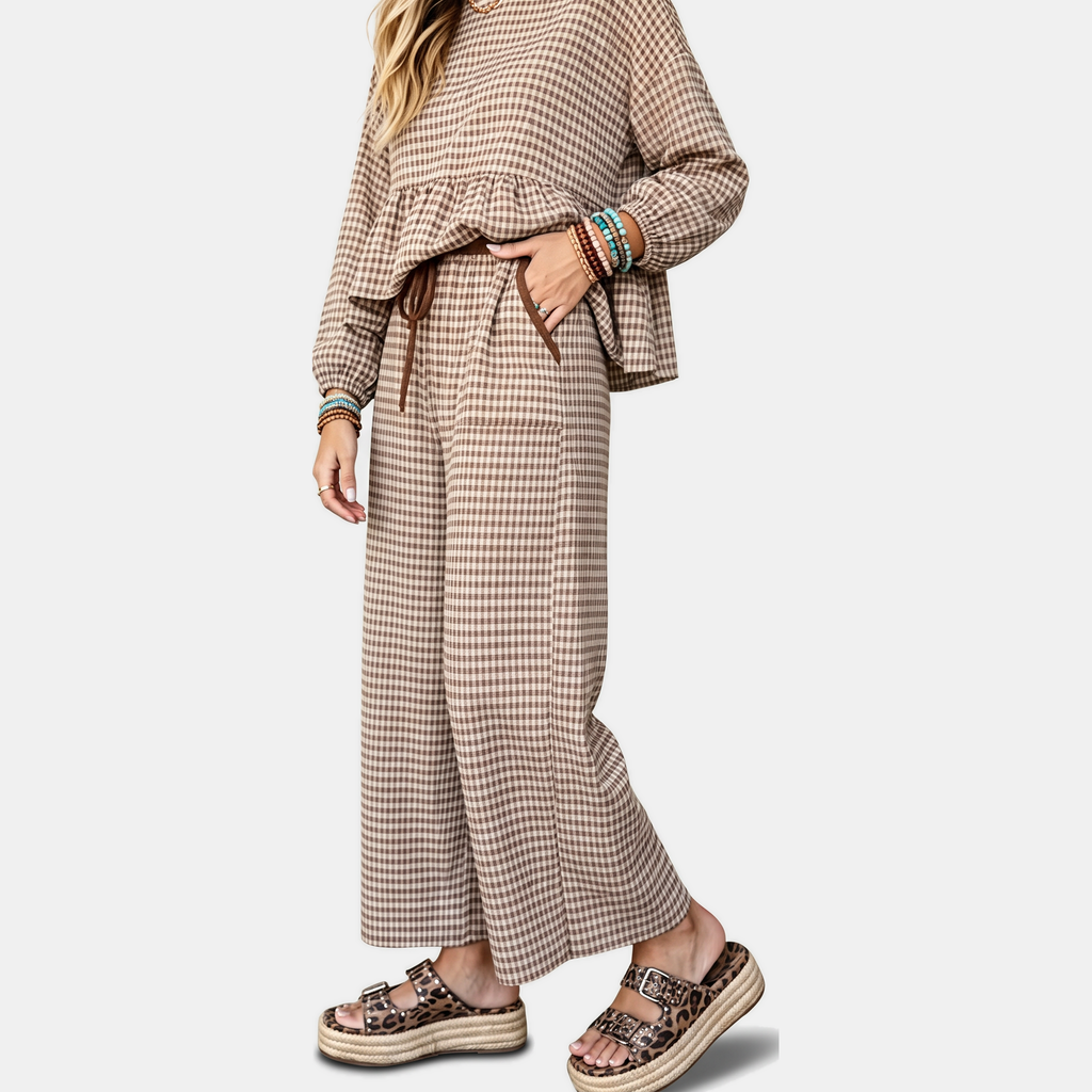 Women's Ruffle Hem Lounge Set Wide Leg Cropped Trousers - 9