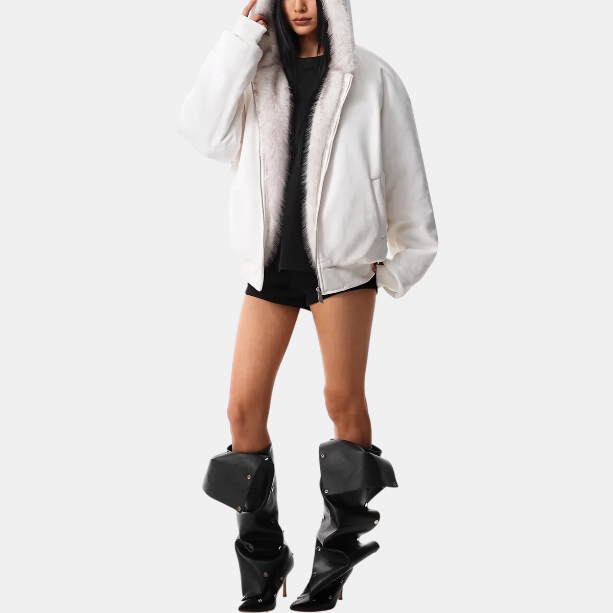 Women's Faux Fur Lined Bomber Jacket with Cat Ear Hood - 11