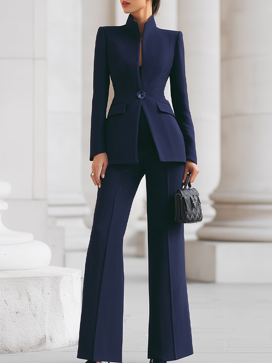 Women's Tailored Blazer and Trouser Suit with Stand Collar and Flared Leg - Blue