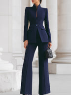 Women's Tailored Blazer and Trouser Suit with Stand Collar and Flared Leg - Blue