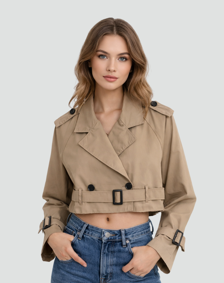 Women's Cropped Trench Coat with Belted Waist and Double-Breasted Front - Dark Brown