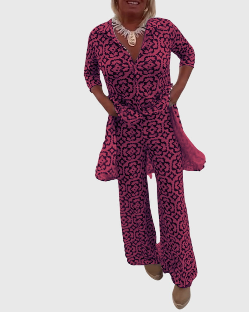 Women's Two-Piece Set Printed Longline Shirt with Wide-Leg Trousers - 11