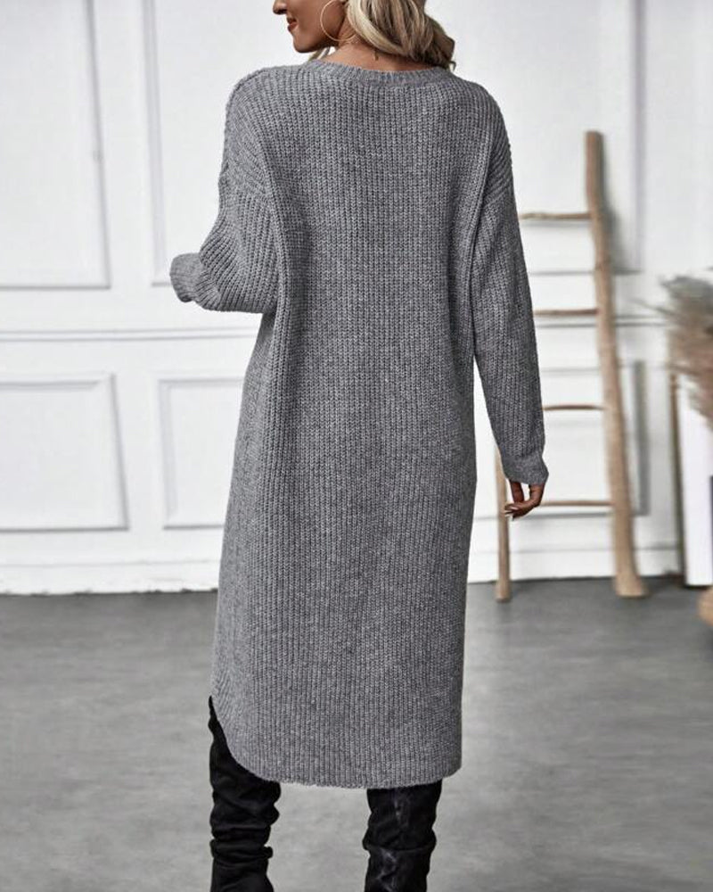Women's Ribbed Jumper Dress with Side Slit Long Sleeve - 7