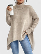 Women's Jumper Roll Neck Long Sleeve Asymmetric Hem - Khaki