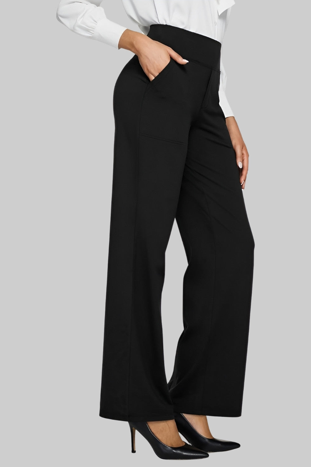 Women's Straight Leg Trousers with High Waist and Pockets - Black