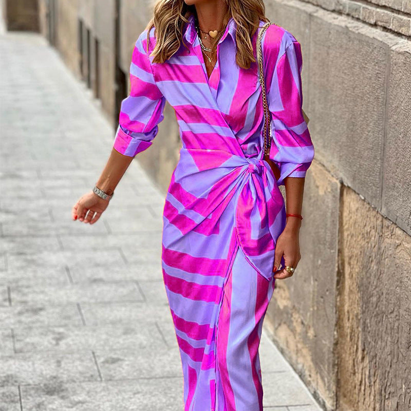 Women's Wrap Midi Dress Striped Long Sleeve with Tie Waist - 5