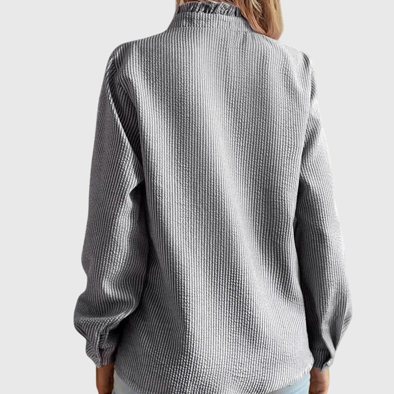 Women's Long Sleeve Blouse with Ruffle Trim and Button Front - 8