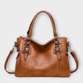 Women's Shoulder Bag with Buckle Straps and Magnetic Flap Closure - Brown