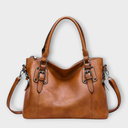 Women's Shoulder Bag with Buckle Straps and Magnetic Flap Closure - Brown