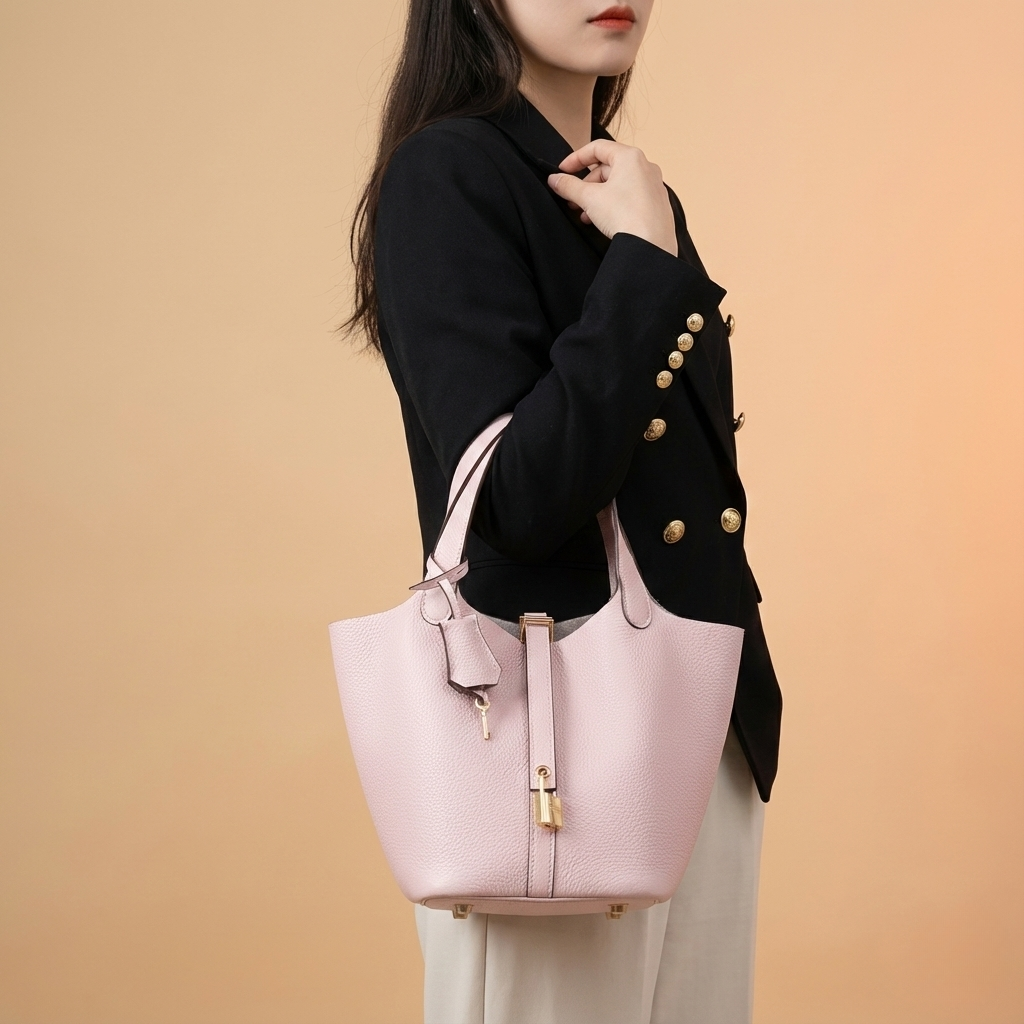 Women's Structured Bucket Bag with Twist-Lock Clasp - Pink Porcelain