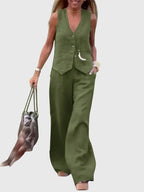 Women's Tailored Waistcoat and Wide-Leg Trousers Set - 6