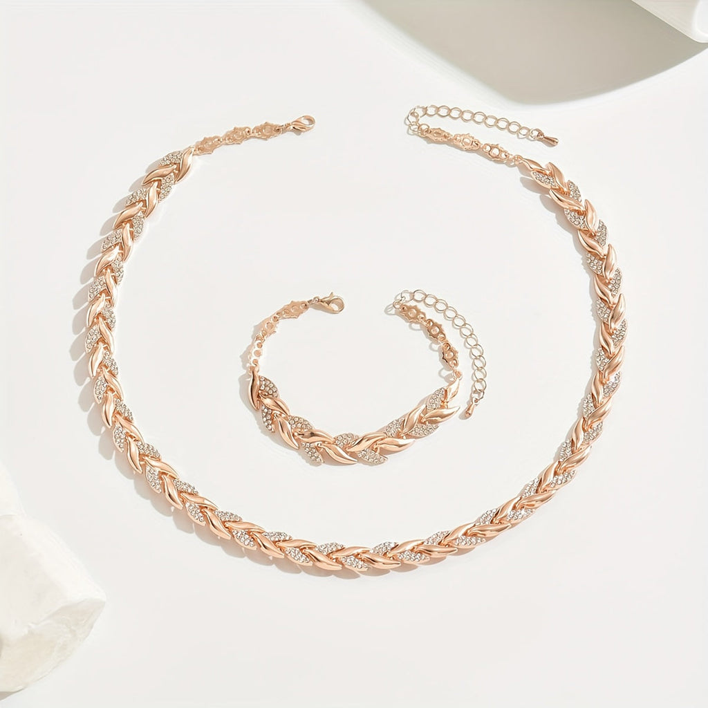 Women's Diamante Necklace and Bracelet Set with Leaf Link Design - 8
