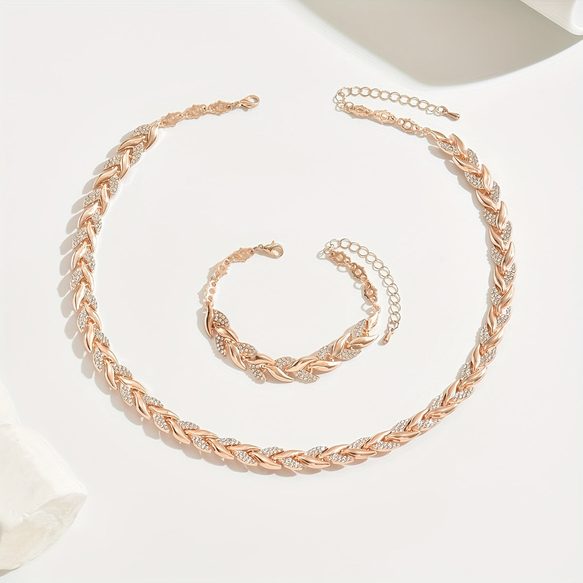 Women's Diamante Necklace and Bracelet Set with Leaf Link Design - 8