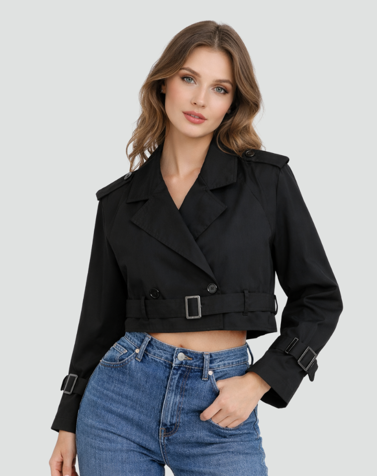 Women's Cropped Trench Coat with Belted Waist and Double-Breasted Front - 10