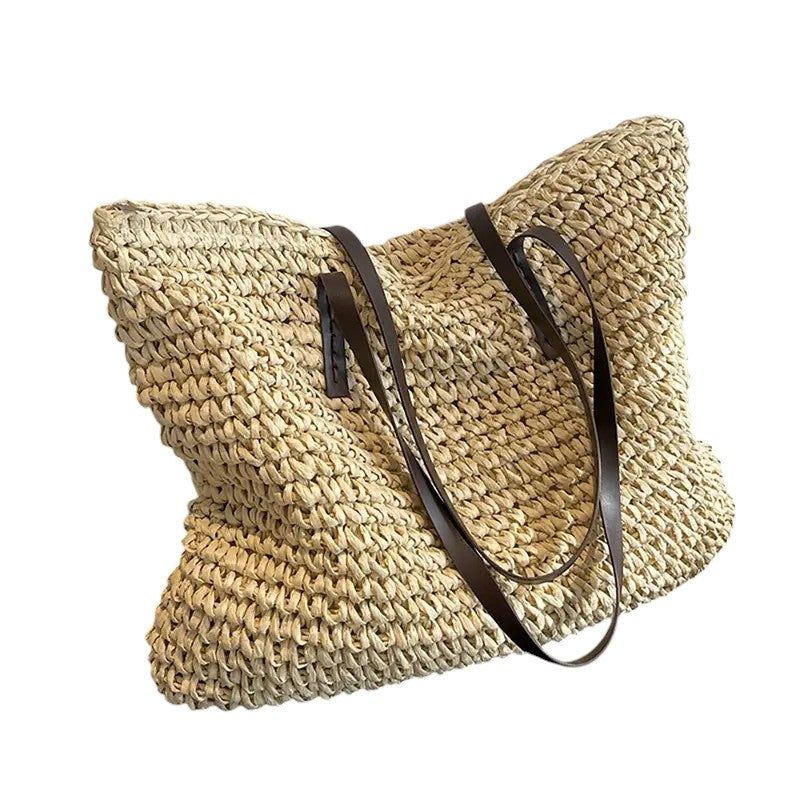 Women's Woven Tote Bag with Faux Leather Straps - Beige