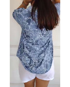 Women's Floral Print Blouse with Roll-Up Sleeves and V-Neck - 10