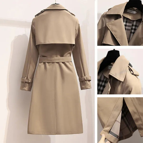 Women's Long Trench Coat with Double Button Fastening and Classic Collar - 11