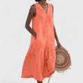 Women's Sleeveless Dress with V-Neck and Button Front - Orange