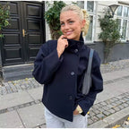Women's Short Peacoat with High Collar and Minimalist Design - 4
