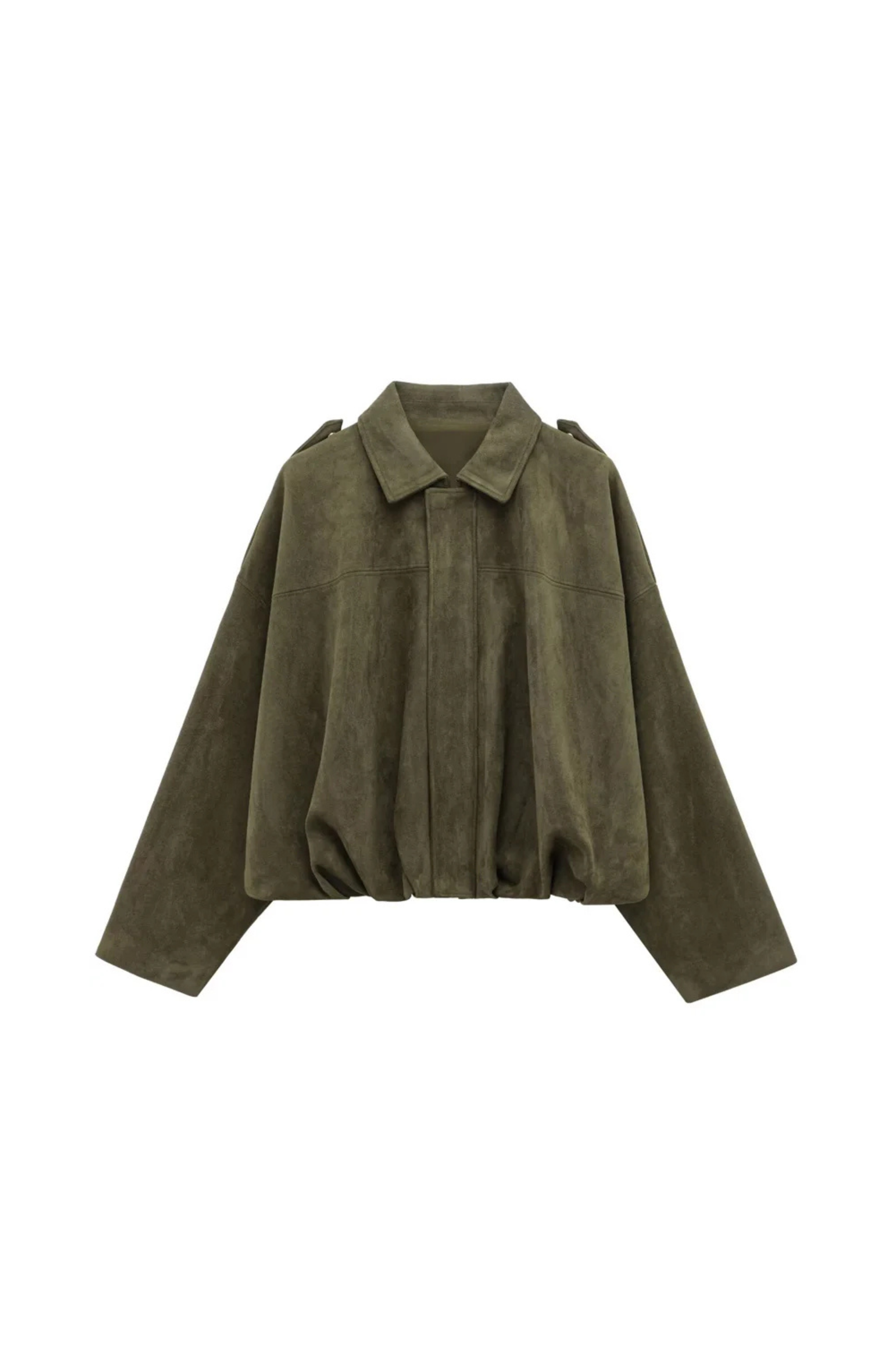 Women's Cropped Bomber Jacket with Collared Neckline and Oversized Sleeves - Army Green
