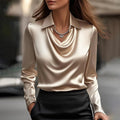 Women's Waterfall Neck Blouse with Long Sleeves - Champagne