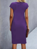 Women's Midi Dress with Round Neck and Ruched Waist - 17