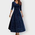 Women's Midi Dress with V-Neck and Flared Skirt - Blue
