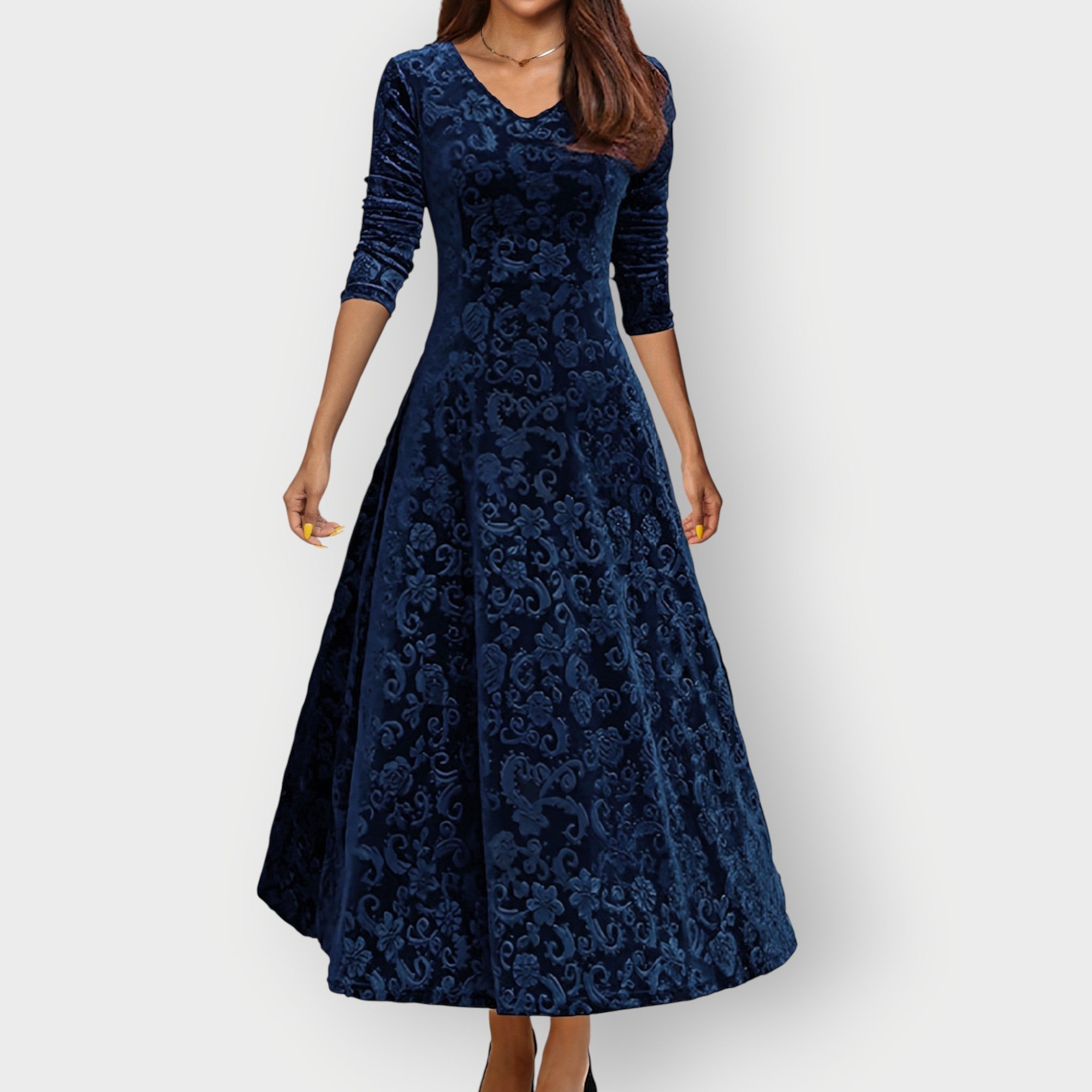 Women's Midi Dress with V-Neck and Flared Skirt - Blue