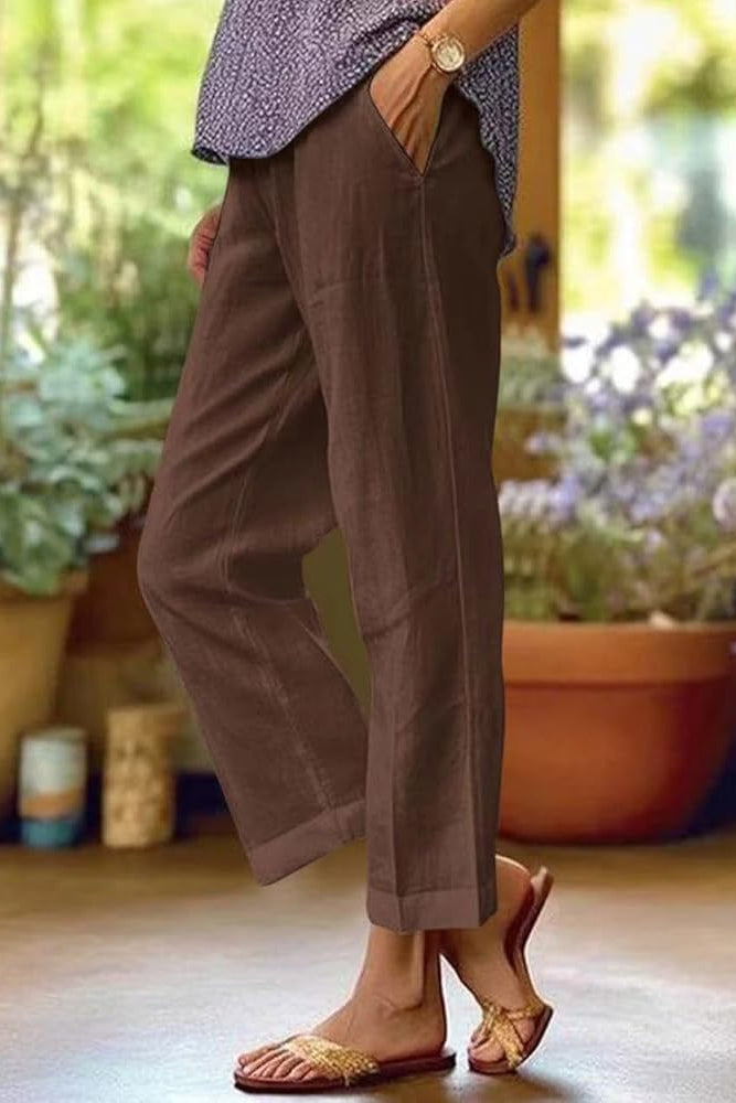 Women's Cropped Trousers with Turn-Up Hem and Pockets - Brown
