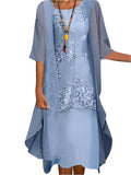 Women's Midi Dress with Sheer Layered Sleeves and Lace Overlay - Blue