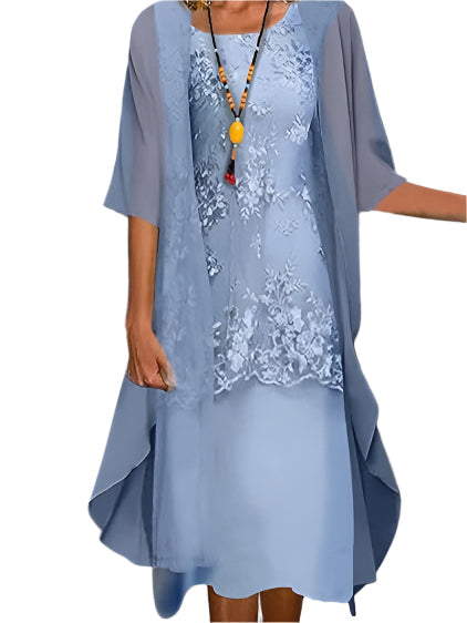 Women's Midi Dress with Sheer Layered Sleeves and Lace Overlay - Blue