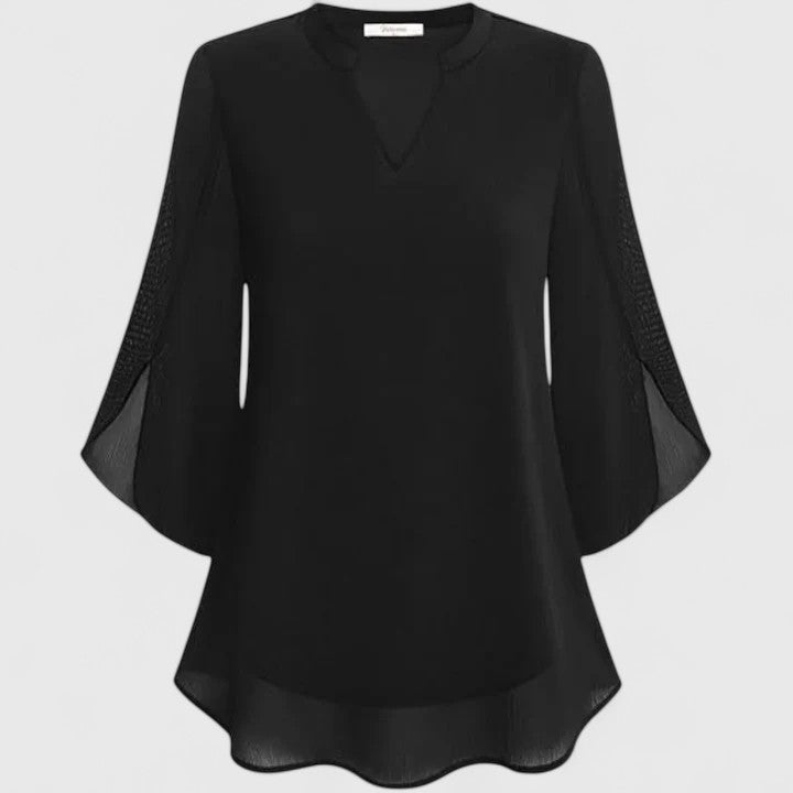 Women's Blouse V-Neck with Split Sleeves and Curved Hem - 2