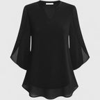 Women's Blouse V-Neck with Split Sleeves and Curved Hem - 2