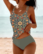 Women's Printed Tankini Swimsuit with Double Strap Detail - Green