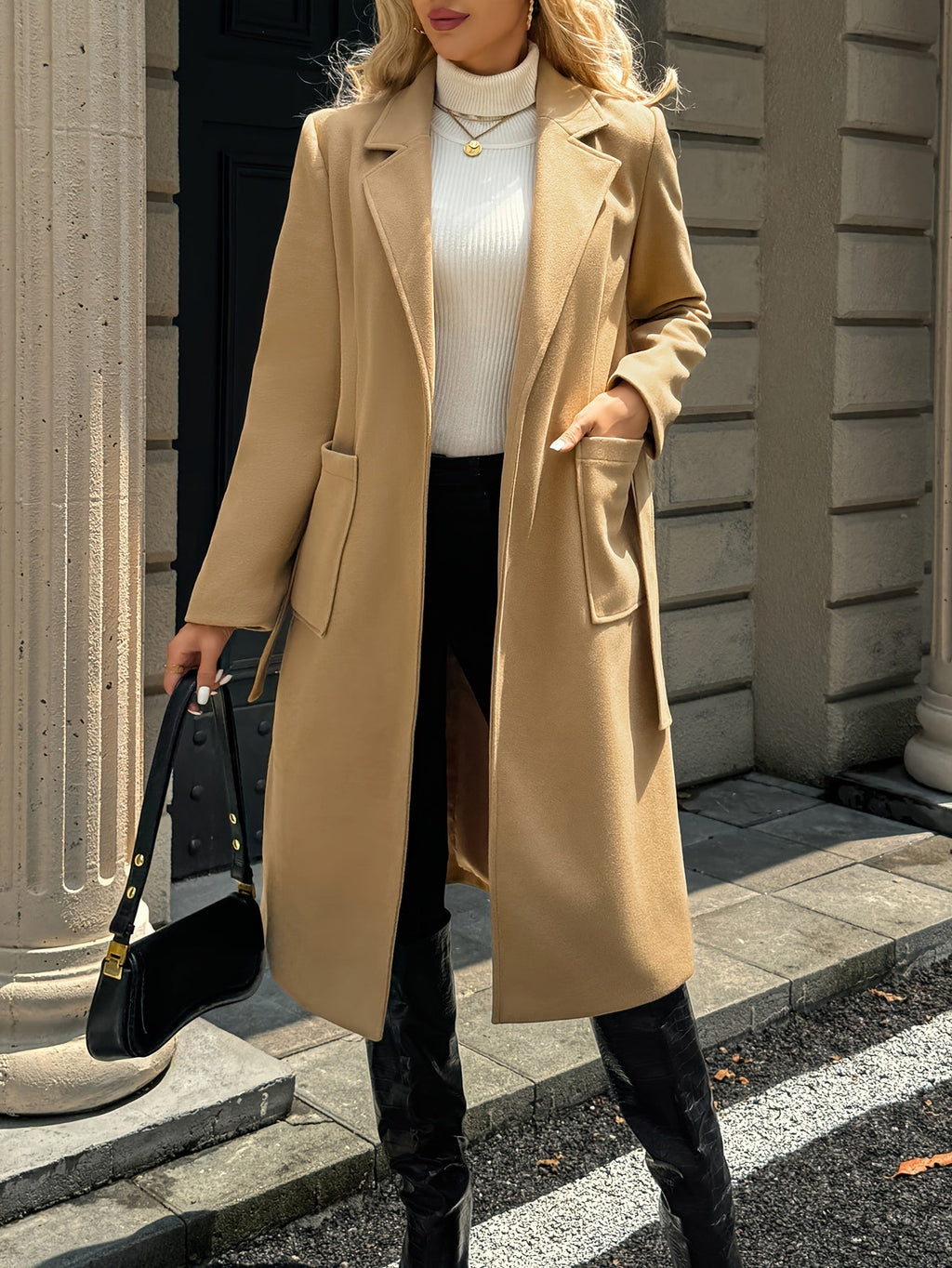 Women's Belted Long Coat Notch Lapel Front Pockets - 8