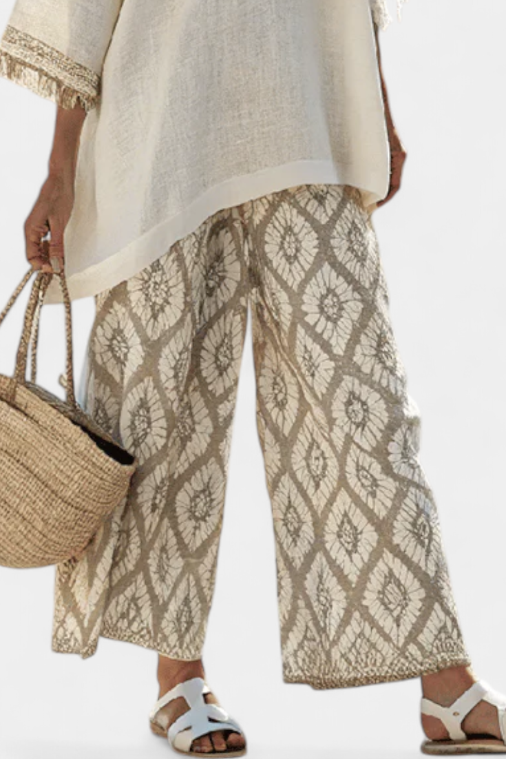 Women's Fringe Top and Wide Leg Trouser Set with Printed Pattern - 3