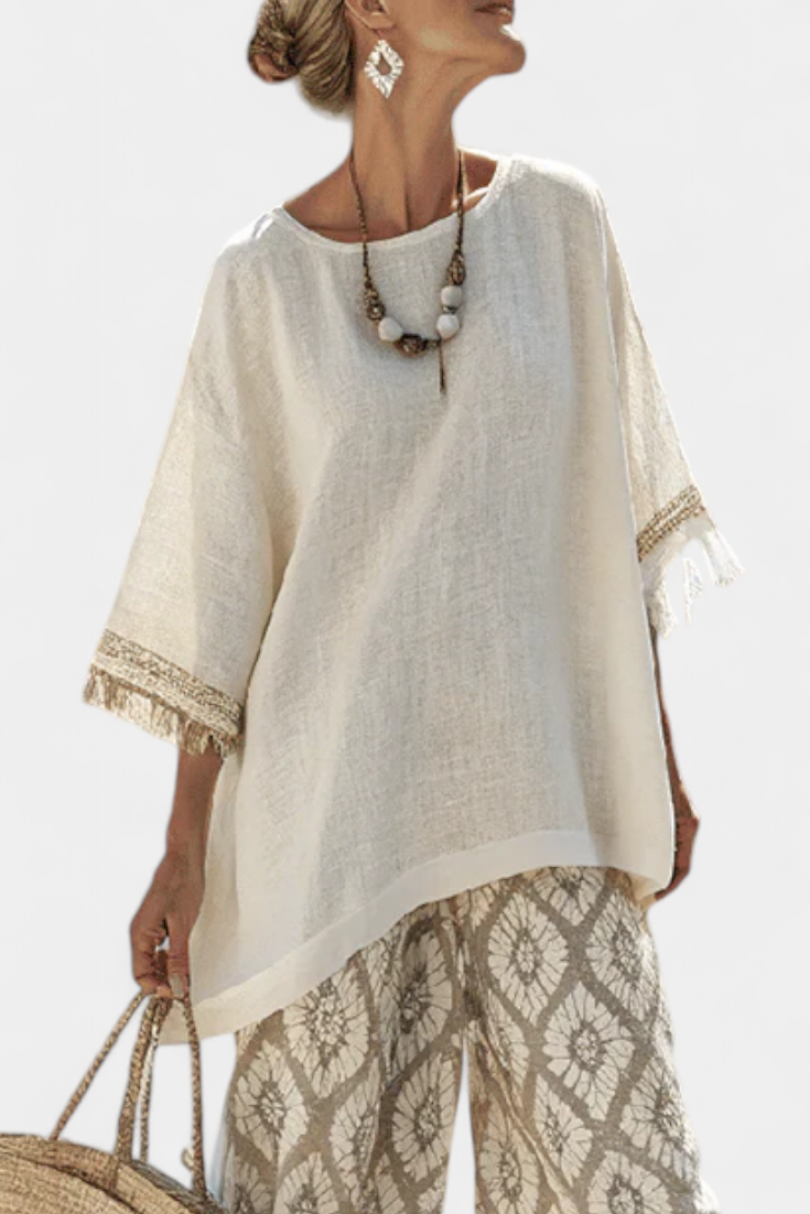 Women's Fringe Top and Wide Leg Trouser Set with Printed Pattern - 2