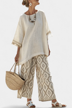 Women's Fringe Top and Wide Leg Trouser Set with Printed Pattern - Multi Coloured Stripes