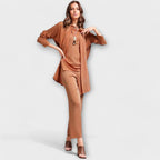 Women's Three-Piece Set with Longline Cardigan and Relaxed Trousers - Brown