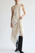 Women's Satin Lace-Trim Top and A-Line Slit Skirt Set - White