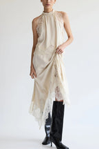 Women's Satin Lace-Trim Top and A-Line Slit Skirt Set - White