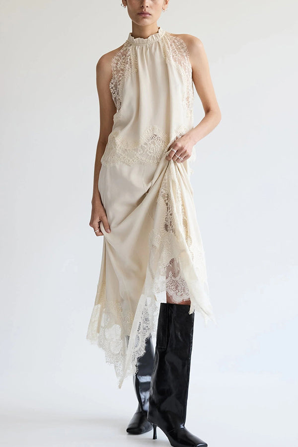 Women's Satin Lace-Trim Top and A-Line Slit Skirt Set - White