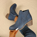 Women's Ankle Boots with Laser-Cut Detail and Block Heel - Blue