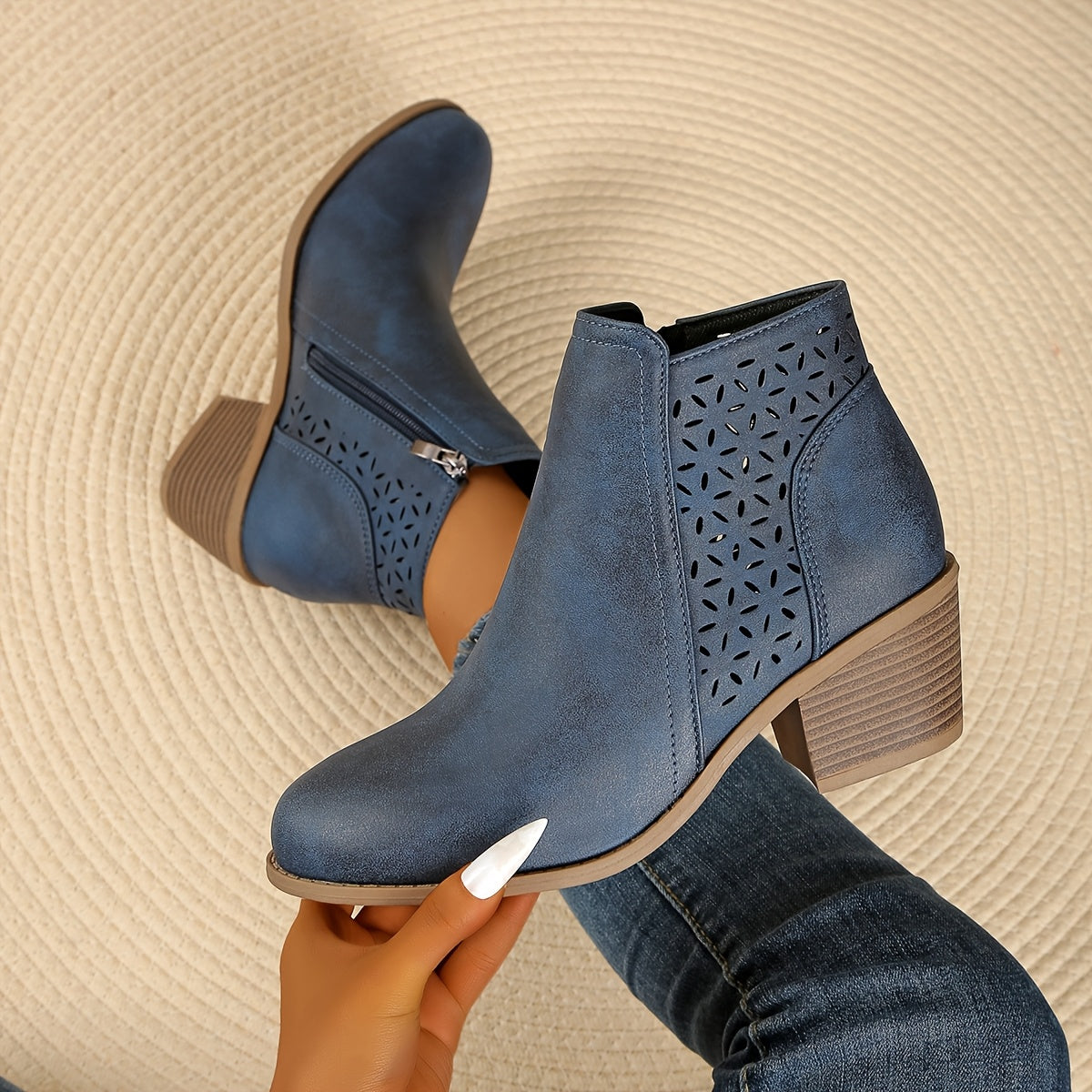 Women's Ankle Boots with Laser-Cut Detail and Block Heel - Blue
