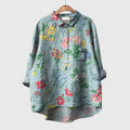 Women's Blouse Long Sleeve with Floral Print and Collar - Blue