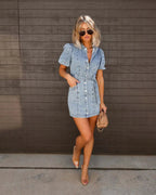 Women's Mini Dress with Puff Sleeves and Belted Waist - 2